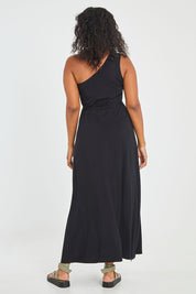Model Noli wearing size 14 of the Shoulder Shimmy Bamboo Maxi Dress in colour Black (Black), from the back