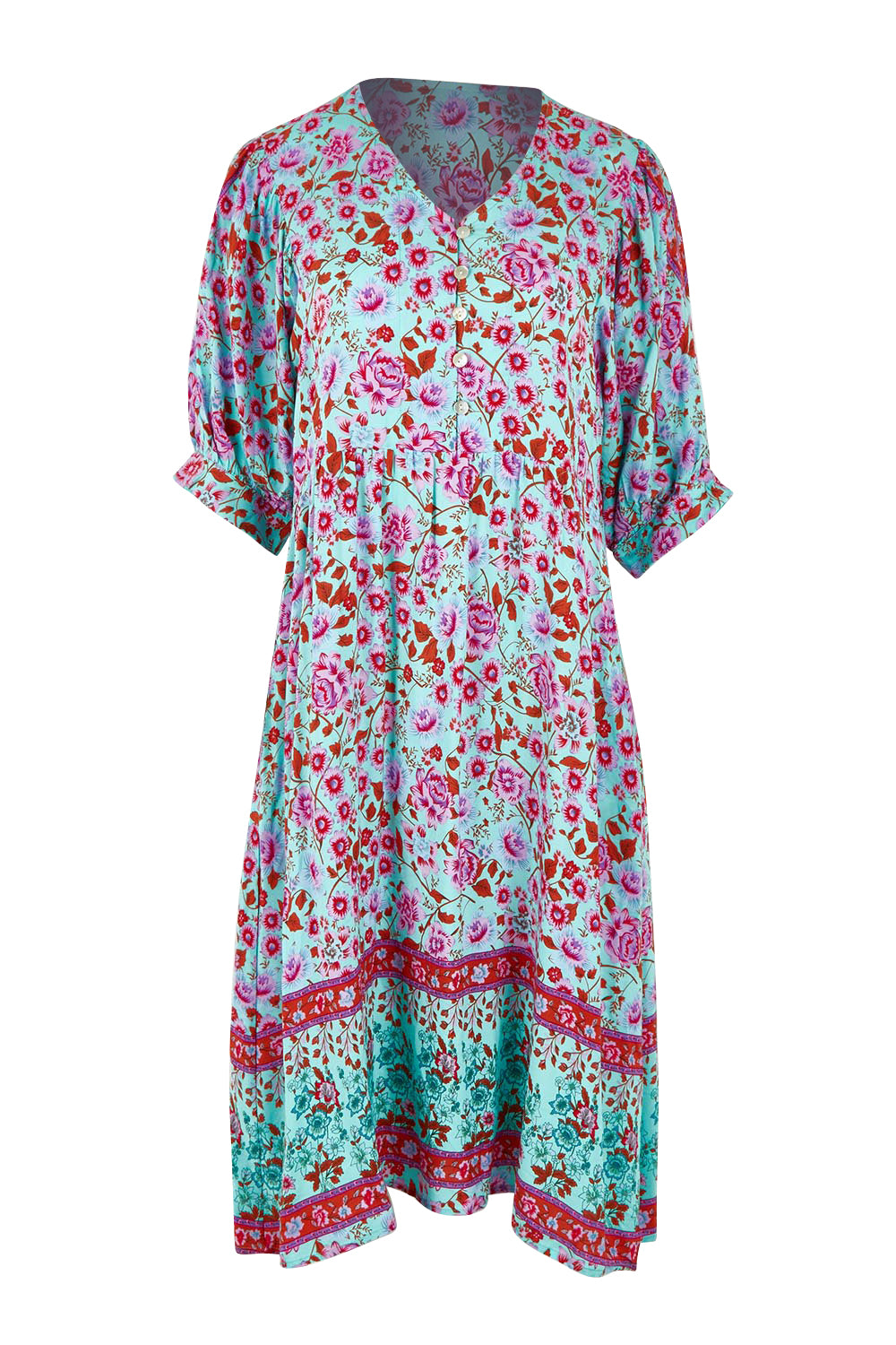 Product shot of the Sunshine And Flowers Smock Dress in colour Aquafleur (Blue), from the front