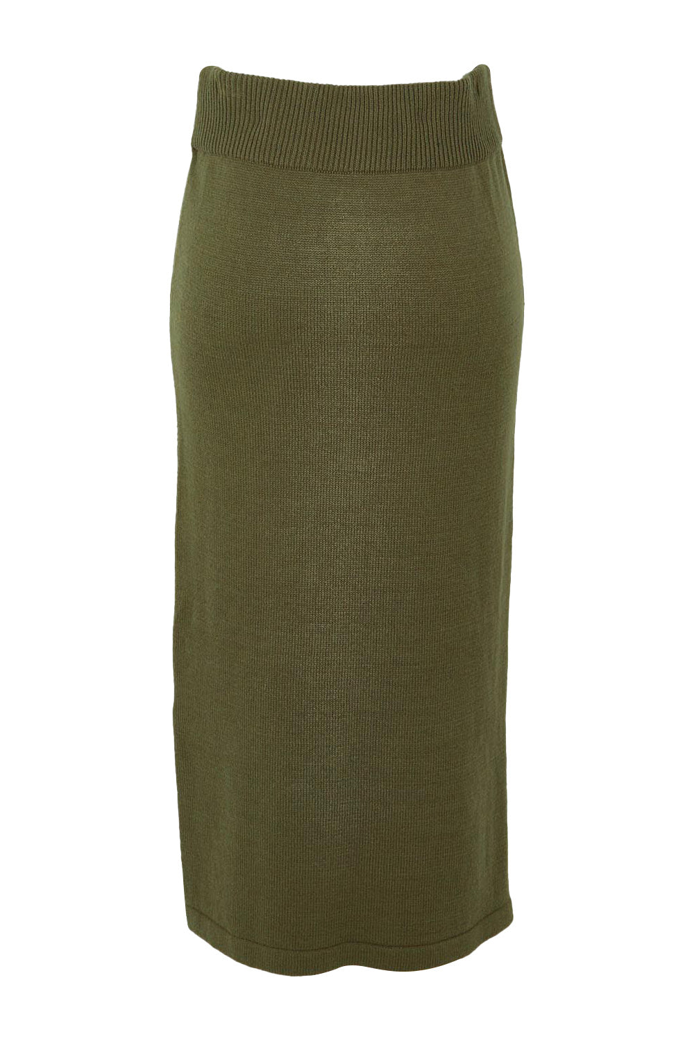 Product shot of the Knit Pick Pull On Skirt in colour Khaki (Green), from the back