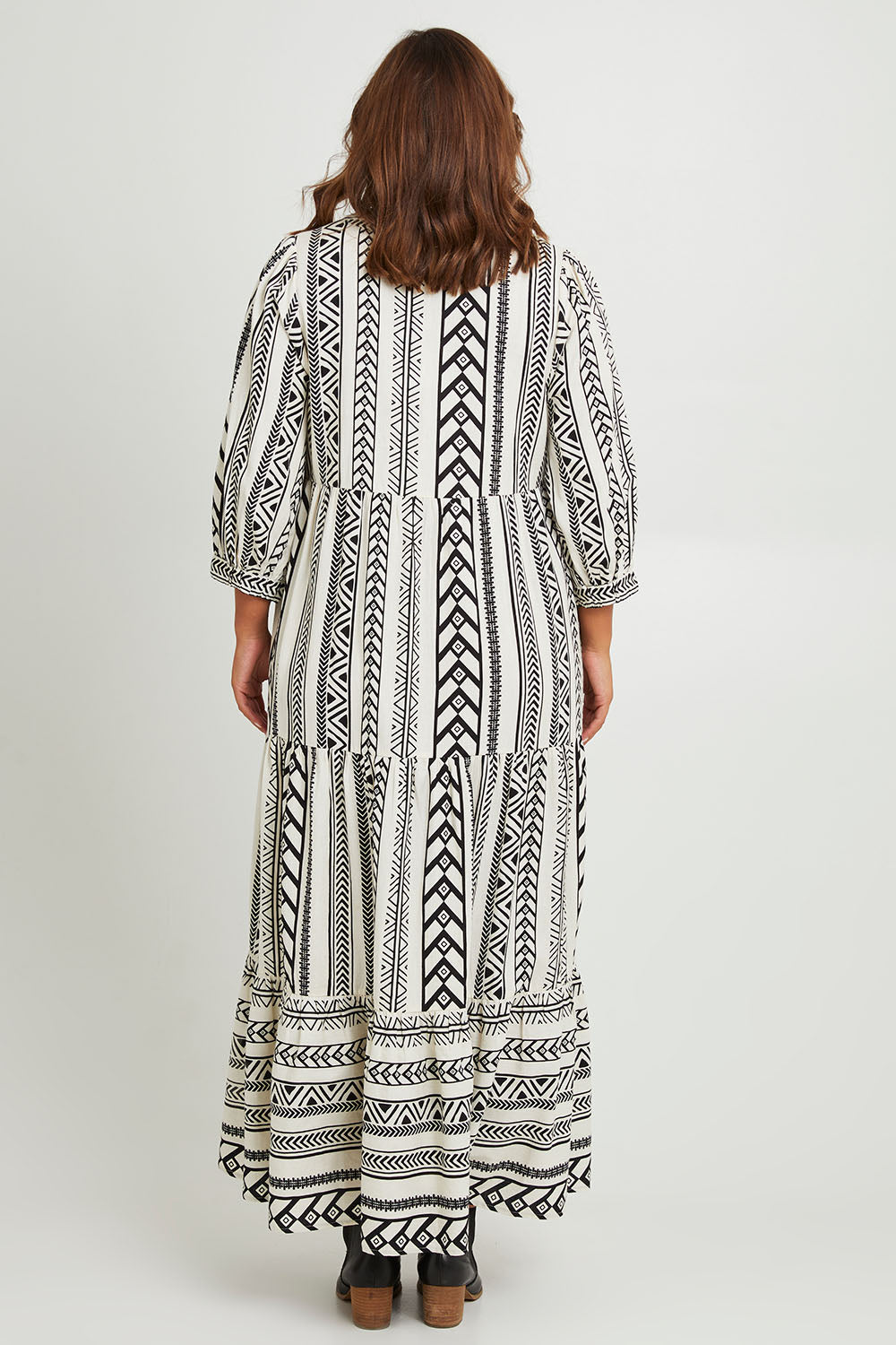 Model Monique wearing size 14 of the Forever Favourite Cotton Maxi Dress in colour Blackstrip, from the back
