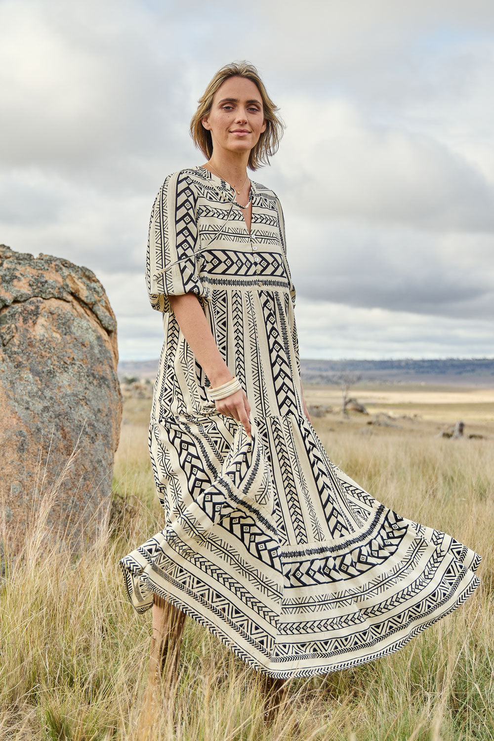 Model Tegan wearing size 10 of the Forever Favourite Cotton Maxi Dress in colour Blackstrip, from the front, showing the whole outfit