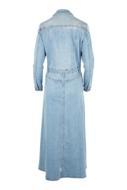 Product shot of the Calamity Denim Maxi Dress in colour Denim (Blue), from the back