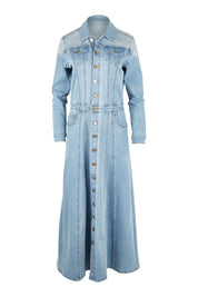 Product shot of the Calamity Denim Maxi Dress in colour Denim (Blue), from the front