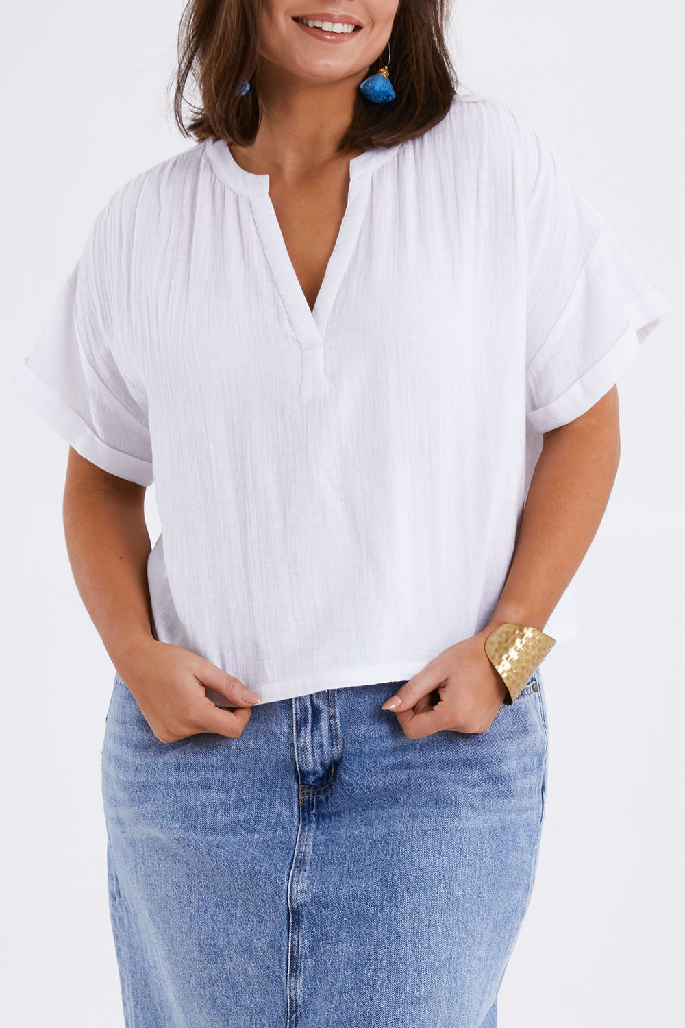 Model Monique wearing size 14 of the Every Other Day Cotton Blouse in colour White (White), from the front, cropped image