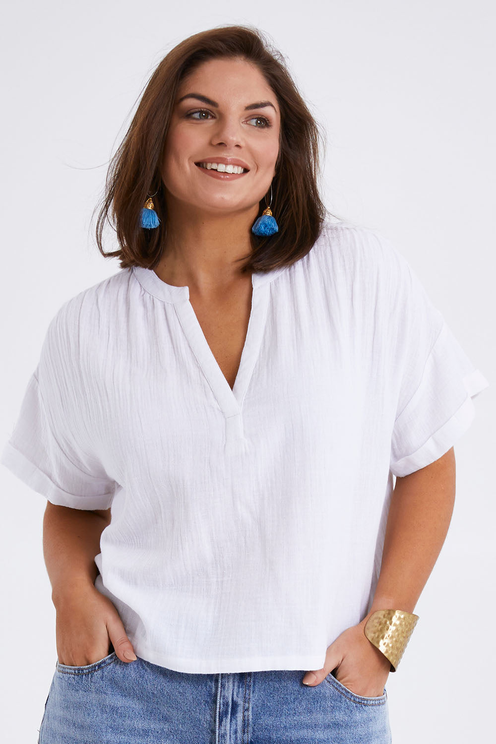 Model Monique wearing size 14 of the Every Other Day Cotton Blouse in colour White (White), from the front, cropped image