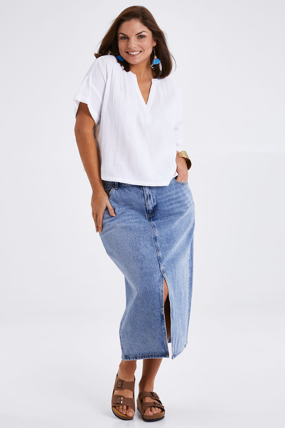 Model Monique wearing size 14 of the Every Other Day Cotton Blouse in colour White (White), from the front, showing the whole outfit
