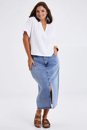 Model Monique wearing size 14 of the Every Other Day Cotton Blouse in colour White (White), from the front, showing the whole outfit