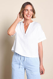 Model Riinar wearing size 10 of the Every Other Day Cotton Blouse – White in colour White, in a cropped view