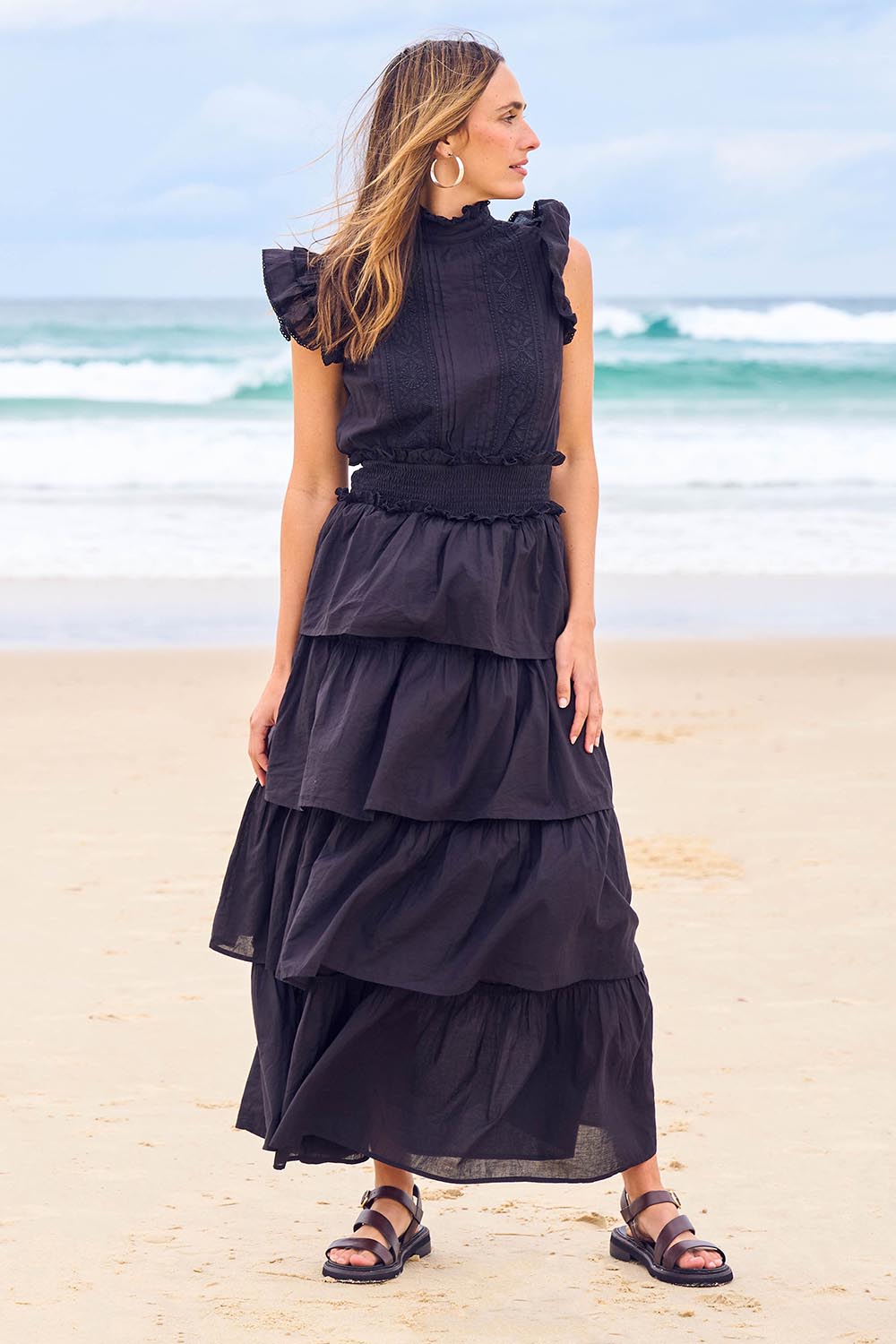 Model Tegan wearing size 10 of the Perfect Dream Cotton Maxi Dress in colour Black (Black), from the front, showing the whole outfit