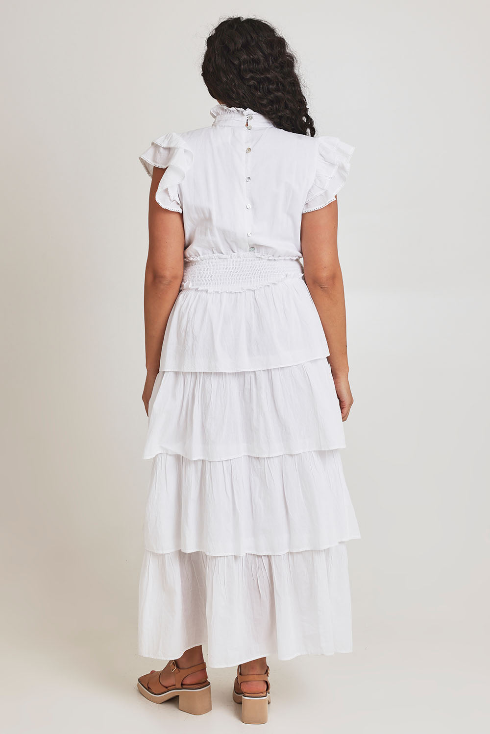Model Terri-Leigh wearing size 14 of the Perfect Dream Cotton Maxi Dress in colour White (White), from the back