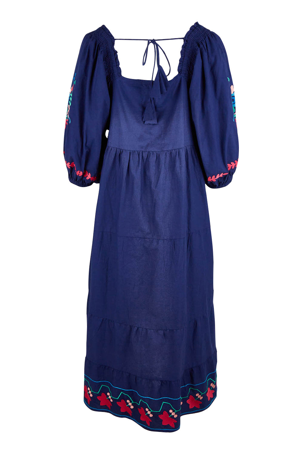 Product shot of the Picnic In The Fields Embroidered Dress in colour Navycombo (Blue), from the back