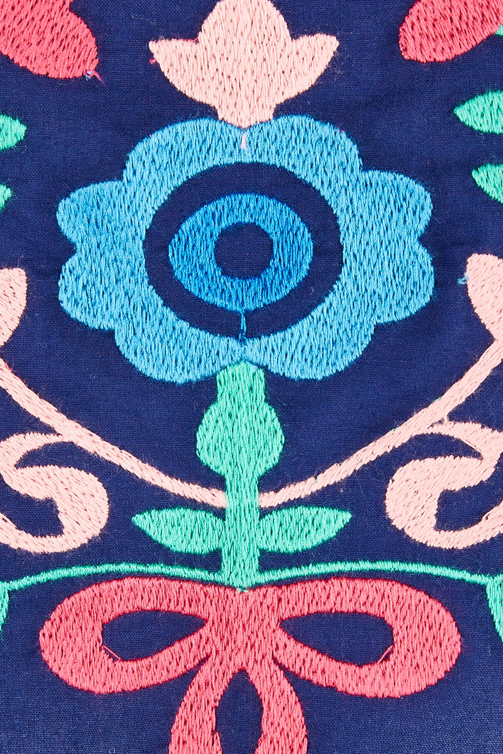 Product shot of the Picnic In The Fields Embroidered Dress in colour Navycombo (Blue), detail