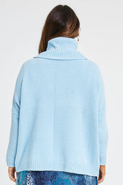 Model Laura wearing size L of the Hold Me In Your Arms Chenille Sweater in colour Iceblue (Blue), from the back