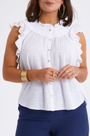 Model Monique wearing size 14 of the Summer Sun Ruffle Blouse in colour White (White), from the front, cropped image