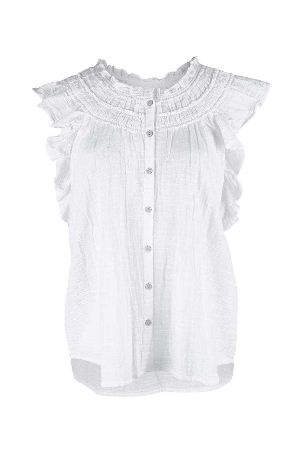 Product shot of the Summer Sun Ruffle Blouse in colour White (White), from the front
