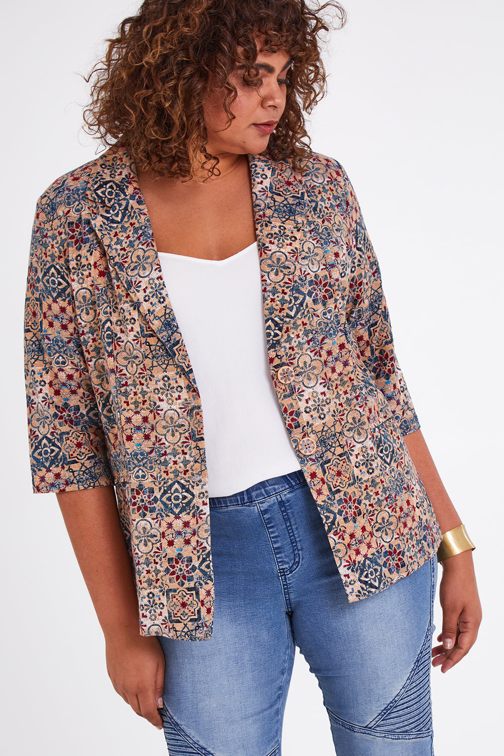 Model Anucia wearing size 14 of the Missing You Dearly Blazer in colour Blue (Blue), from the front, cropped image