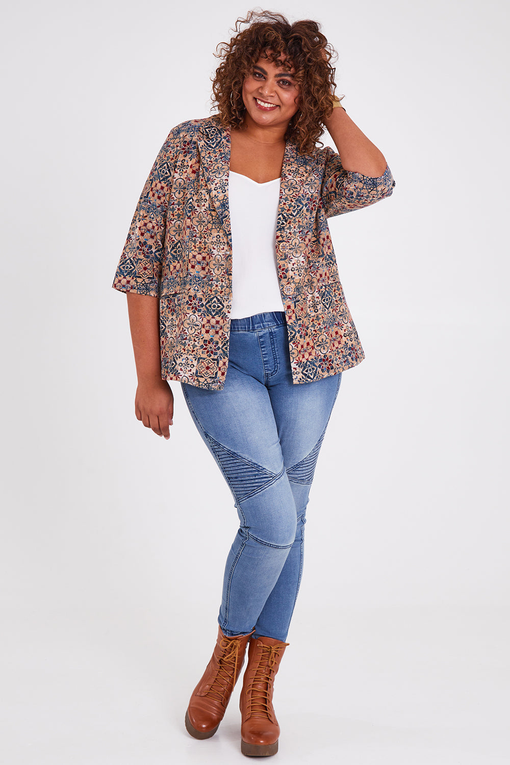 Model Anucia wearing size 14 of the Missing You Dearly Blazer in colour Blue (Blue), from the front, showing the whole outfit