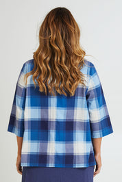 Model Laura wearing size 14 of the Missing You Dearly Blazer in colour Bluecheck (Blue), from the back