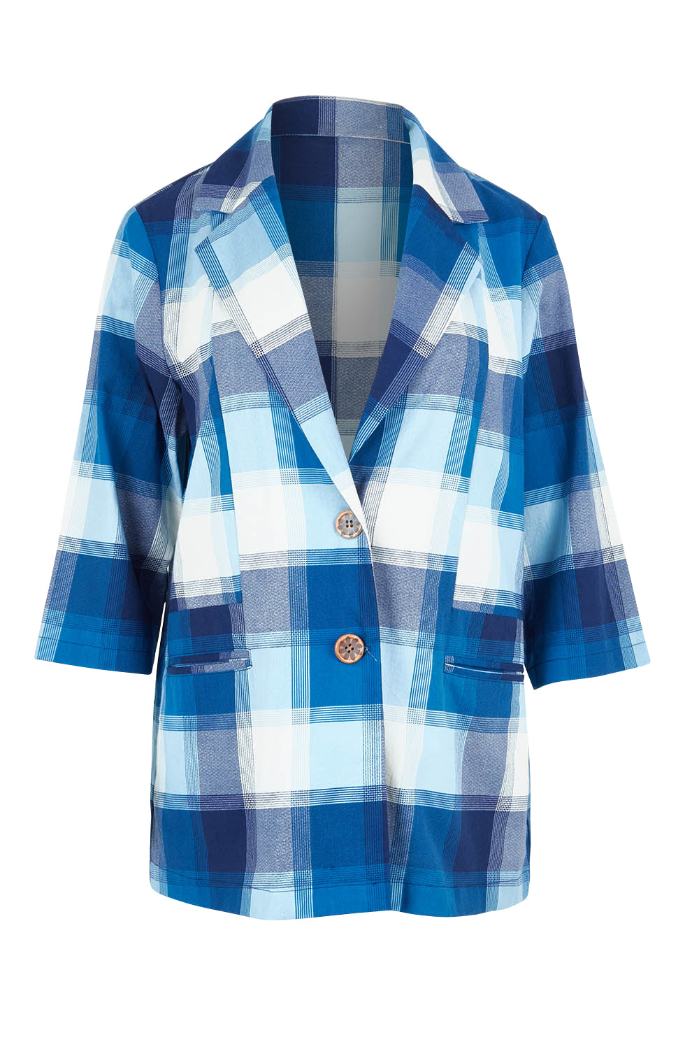 Product shot of the Missing You Dearly Blazer in colour Bluecheck (Blue), from the front