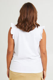 Model Monique wearing size 14 of the For The Frill Of It Tee in colour White (White), from the back