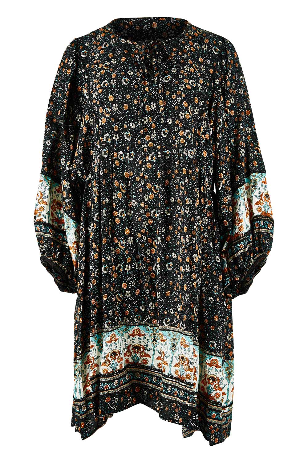 Product shot of the Sunset Dreamer Dress in colour Blkfleur (Black), from the front