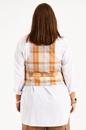 Model Monique wearing size 14 of the Ready And Able Checked Vest in colour Check, from the back