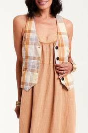 Model Natalie wearing size 10 of the Ready And Able Checked Vest in colour Check, from the front, cropped image