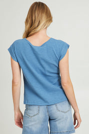 Model Grace wearing size 10 of the Coffee Run Skirt Set in colour Blue (Blue), from the back