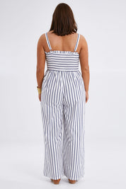 Model Monique wearing size 14 of the Locked In To Your Love Cotton Jumpsuit in colour Bluestripe (White), from the back