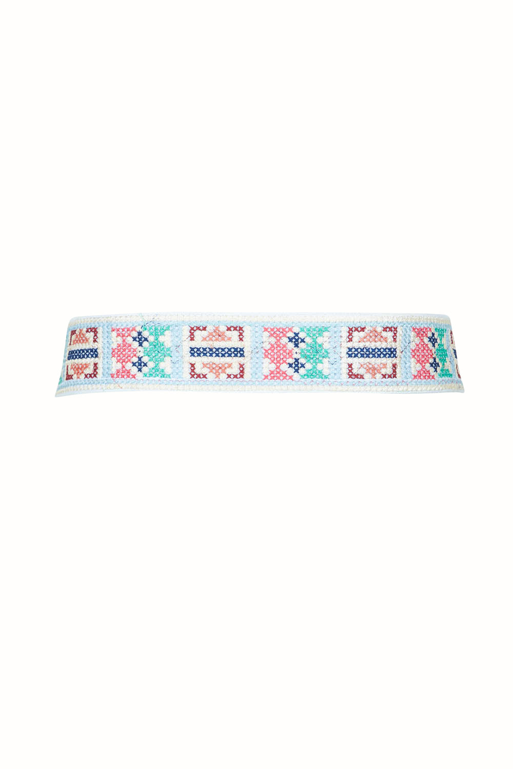 Product shot of the Finishing Touch Embroidered Belt in colour Geopale (Blue), from the back