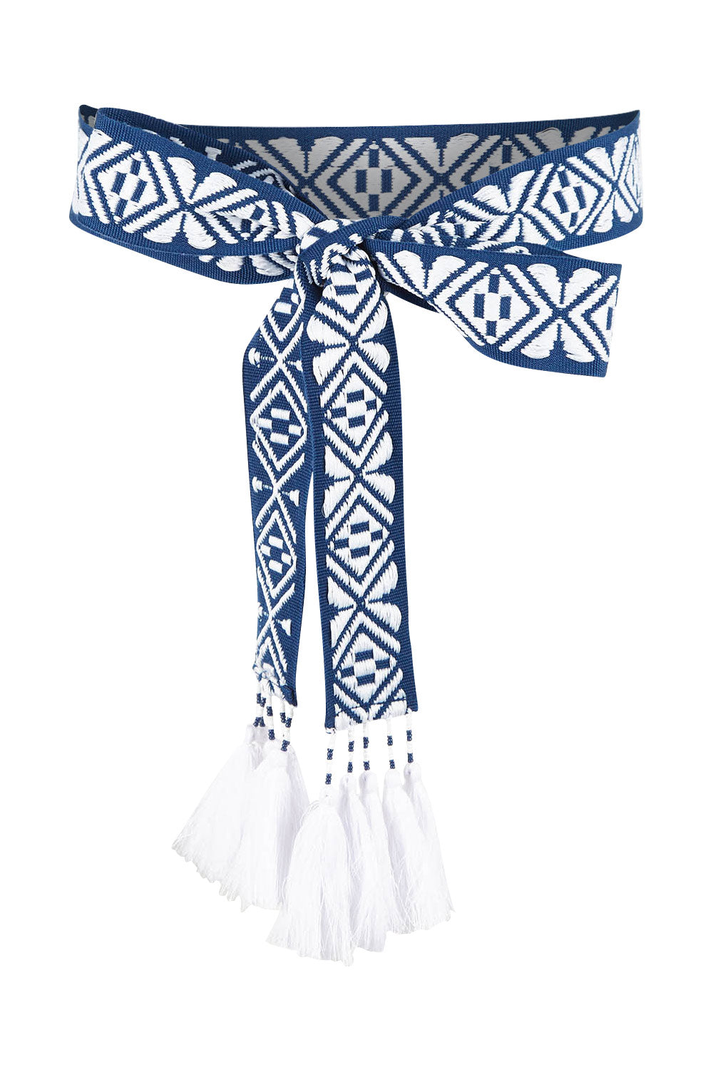 Product shot of the Finishing Touch Embroidered Belt in colour Navywhite (Blue), from the front