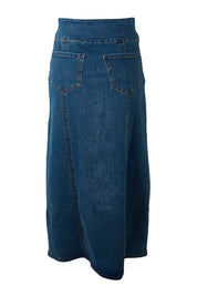 Product shot of the Easy As Pull On Panel Skirt in colour Darkdenim (Blue), from the back