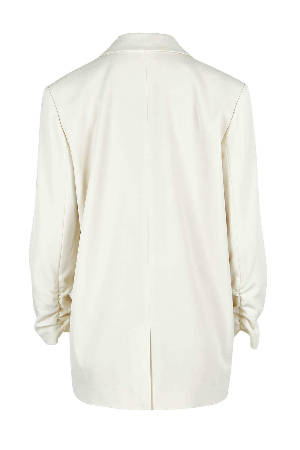 Product shot of the Elegant Persuasion Ruched Sleeved Oversized Blazer in colour Cream, from the back