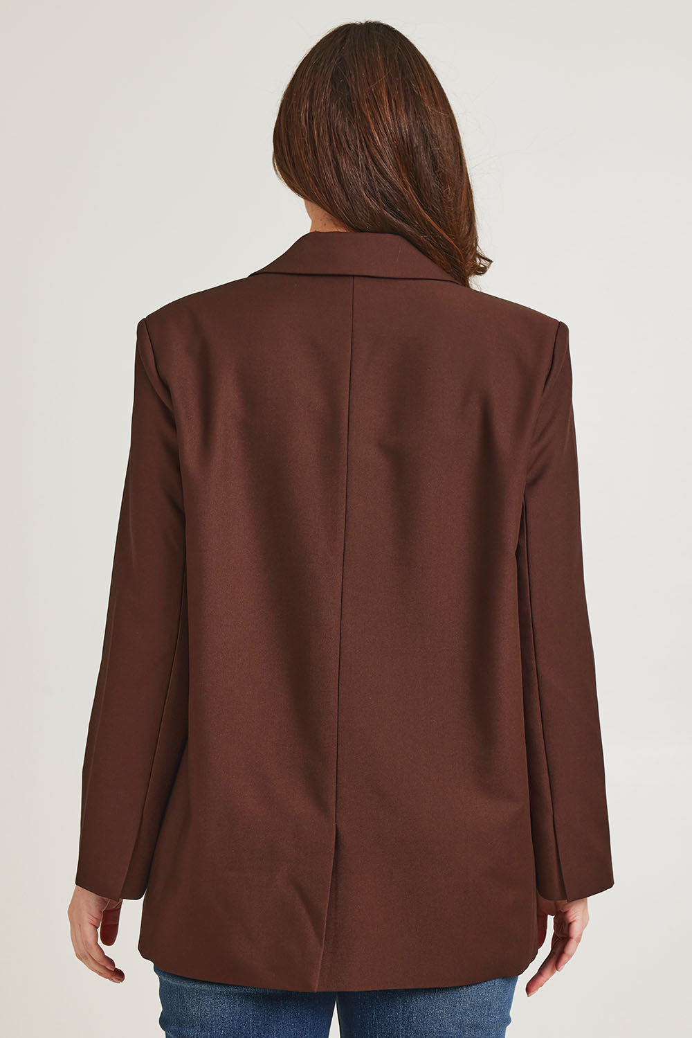 Model Jane wearing size 14 of the Elegant Persuasion Oversized Blazer in colour Chocolate, from the back
