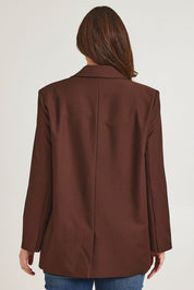 Model Jane wearing size 14 of the Elegant Persuasion Oversized Blazer in colour Chocolate, from the back
