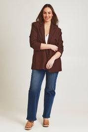 Model Jane wearing size 14 of the Elegant Persuasion Oversized Blazer in colour Chocolate, from the front, showing the whole outfit