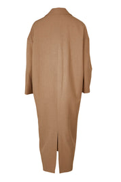 Product shot of the Suits Me Long Jacket in colour Earth, from the back