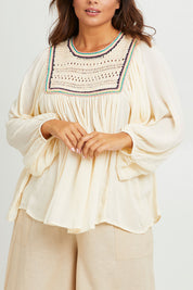 Model Monique wearing size 14 of the Ebb And Flow Crochet Detail Top in colour Cream (White), from the front, cropped image