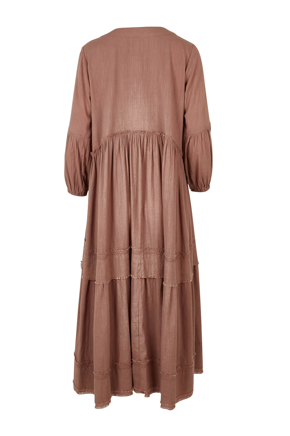 Product shot of the Real Love Tiered Dress in colour Umber, from the back