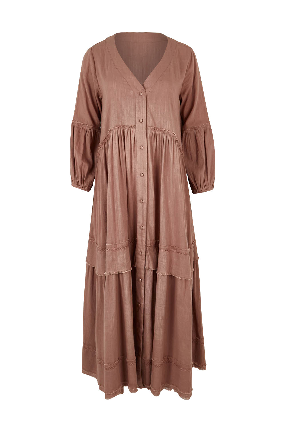 Product shot of the Real Love Tiered Dress in colour Umber, from the front