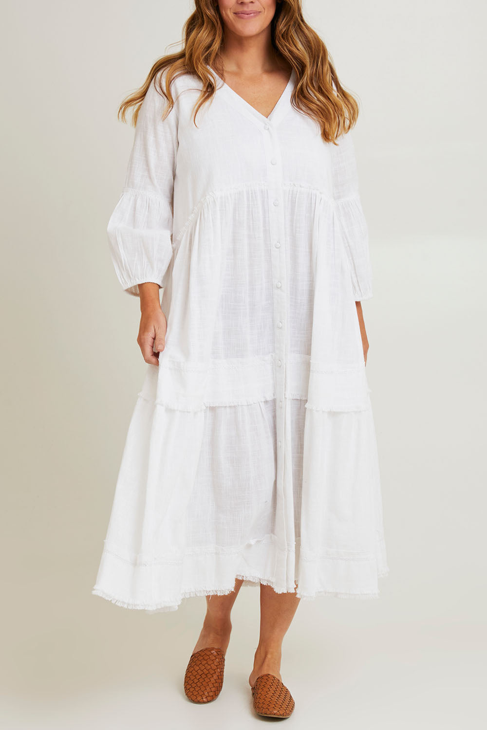 Model Laura wearing size 14 of the Real Love Tiered Dress in colour White (White), from the front, cropped image