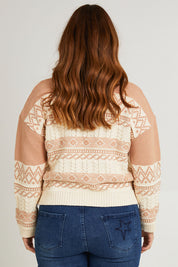Model Laura wearing size L of the Fair Isle Of Mine Jumper in colour Natural, from the back