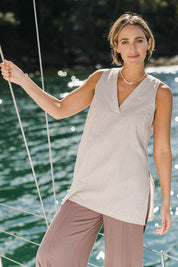 Model Tegan wearing size 10 of the Summer Daze Tank in colour Taupewhite, from the front, showing the whole outfit