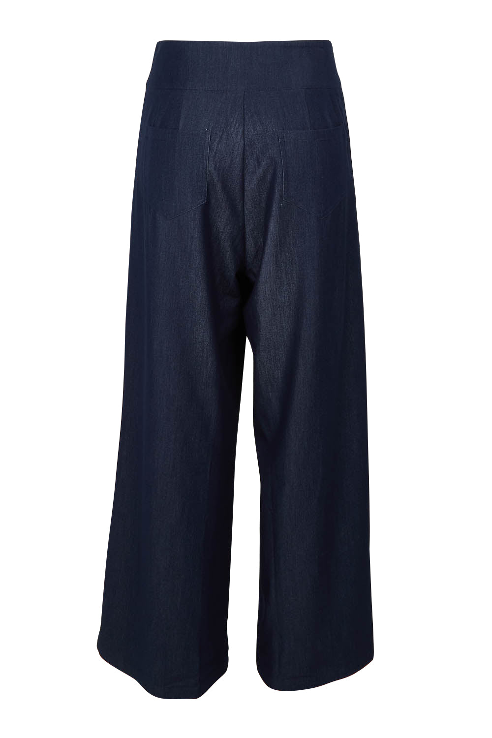 Product shot of the High Flying Wide Leg Chambray Pants in colour Darkdenim (Blue), from the back