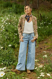 Model Tegan wearing size 10 of the Always There For Me Boyfriend Jeans in colour Denim (Blue), from the front, showing the whole outfit