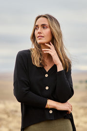 Model Brooke wearing size S of the My Boyfriends Cotton Cashmere Cardi in colour Black (Black), from the front, showing the whole outfit