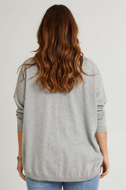 Model Laura wearing size L of the My Boyfriends Cotton Cashmere Cardi in colour Smoke (Grey), from the back