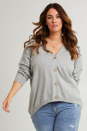 Model Laura wearing size L of the My Boyfriends Cotton Cashmere Cardi in colour Smoke (Grey), from the front, cropped image