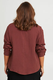 Model Monique wearing size 14 of the Grandpa And Me Cotton Blouse in colour Mocha, from the back