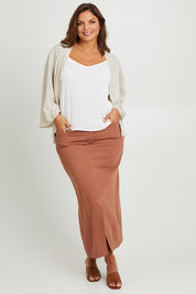 Model Monique wearing size 14 of the Carry Me With You Maxi Skirt in colour Rosewood, from the front, showing the whole outfit